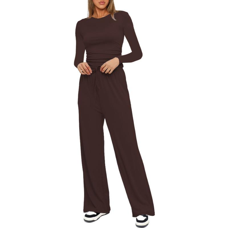 Autumn Women's Casual Pant Suit Pleated Decoration Solid Color Long Sleeve Top High Waisted Wide Leg Pants Sweatshirt