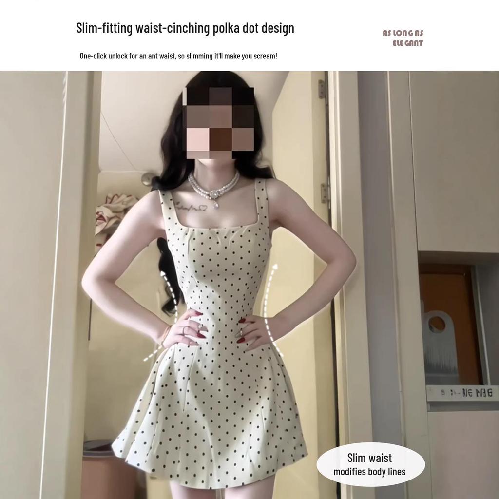 Damen-Frühjahrs-Pünktchen-Spaghettiträgerkleid - Weiß, Tailliert, Figurschmeichelnd, Petite Passform