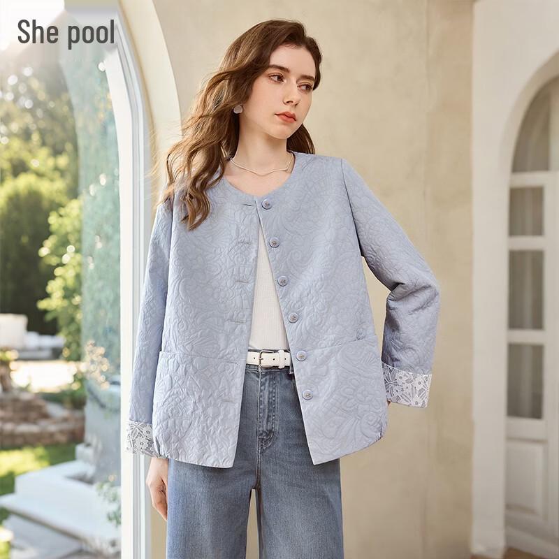 Women s Textured Round Neck Lace Patchwork Jacket L