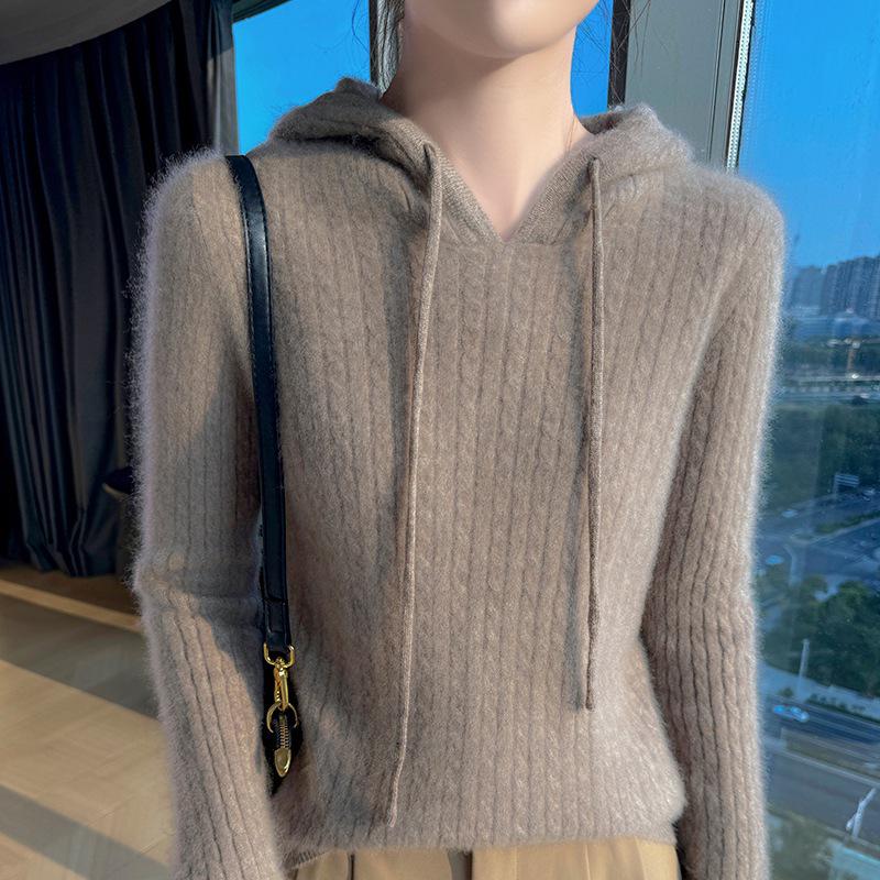 Women's 100% Pure Wool Cable Knit Hoodie Sweater - Autumn/Winter Collection.