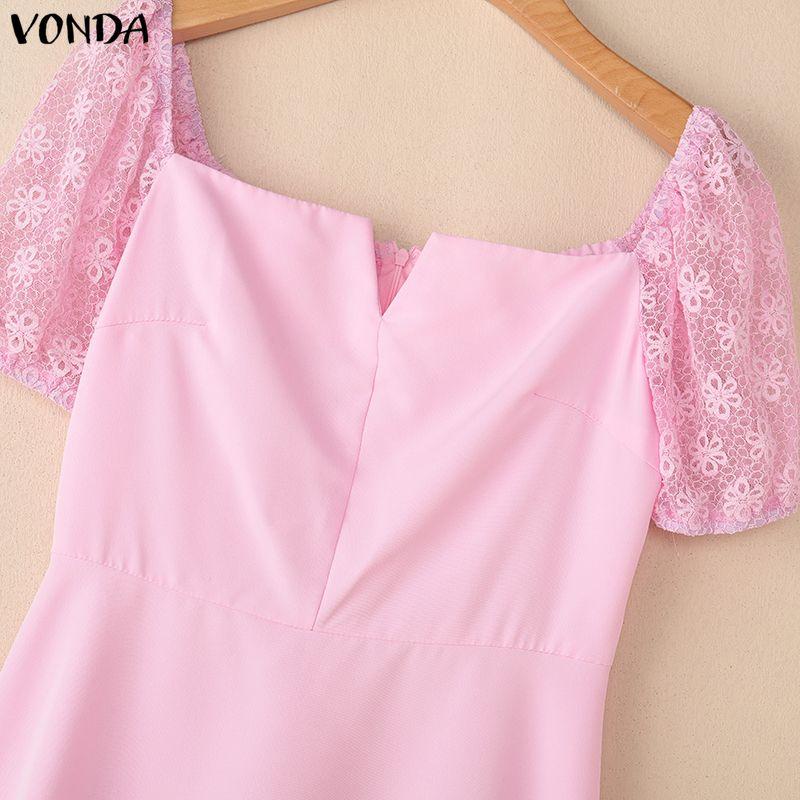 VONDA Women's Square Neck Elegant Lace Puff Sleeve Summer Dress A-Line Party Sundress