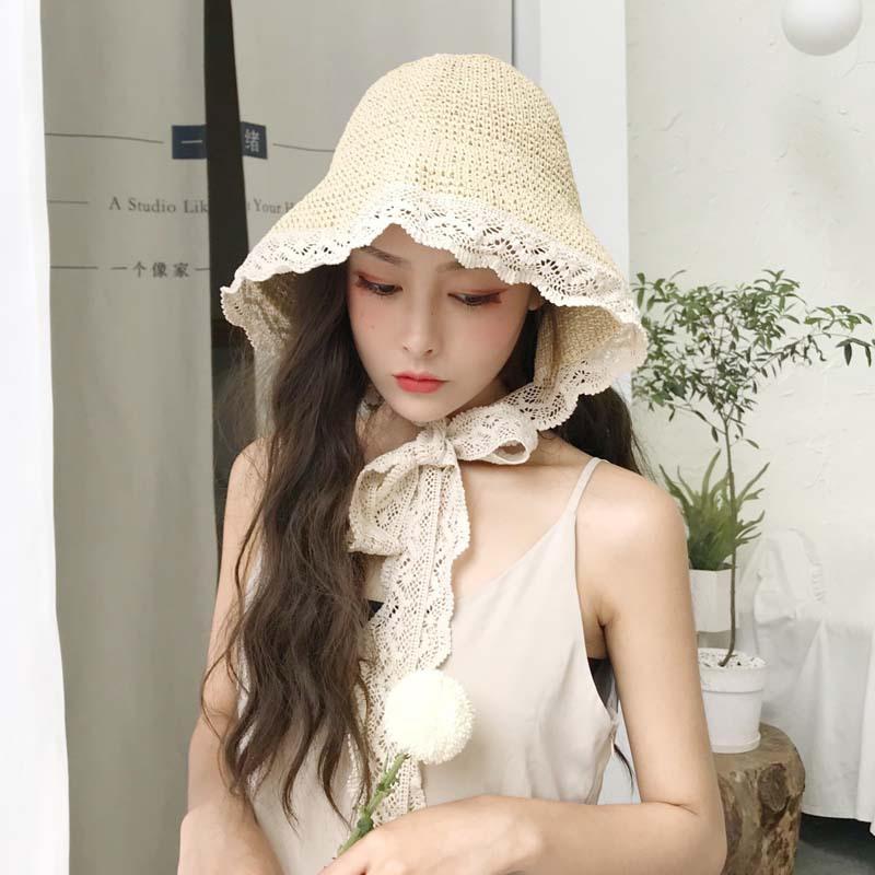 Internet Celebrity Straw Hat Female Summer Lace Strap Beach Hat Small Fresh Seaside Vacation Sun Visor Hat Strap