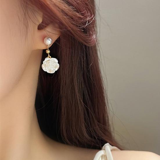 1 Pair Women Earrings Camellia Shape Faux Pearl Design Show Unique Charm Alloy Mini Flower Style Elegant All-Match Drop Earrings for Dating