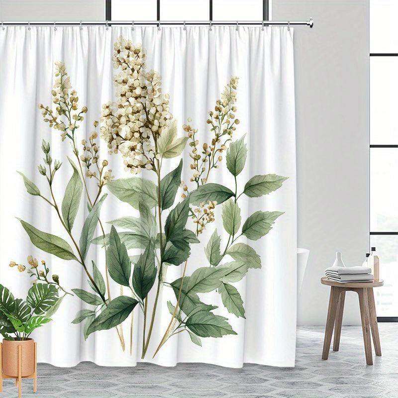 1Pc Botanical Watercolor Shower Curtain, Polyester Material, Machine Washable, With Hooks, Suitable For Bathroom Decoration