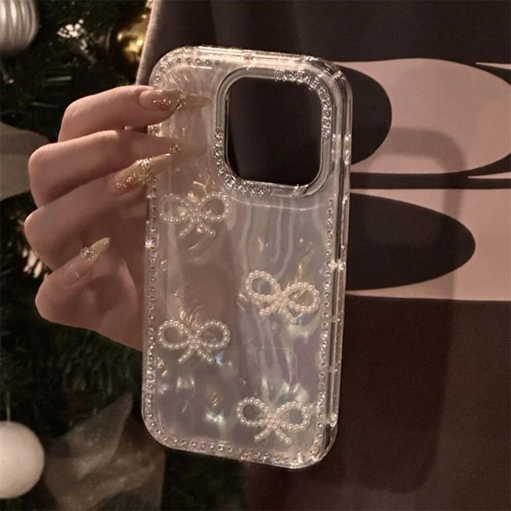 Luxury 3D Pearl Bowknow Glitter Rhinestone Shell Pattern Phone Case For iPhone 17 16 15 13 12 Pro Max 14 Plus Stylish Bling Cover