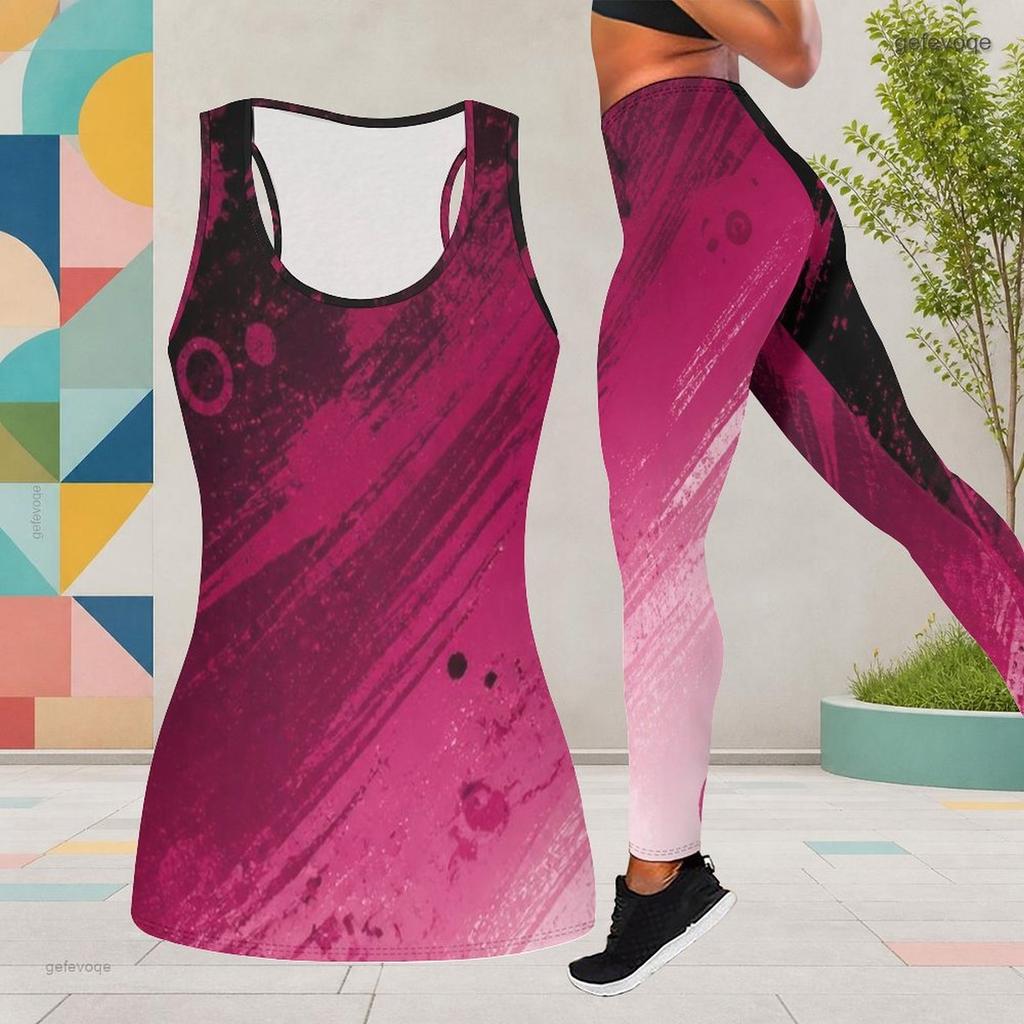 Women Plus Size Two Piece Outfit Scoop Neck Sleeveless Printed Longline Tank Top And Fitted Pants Red Black
