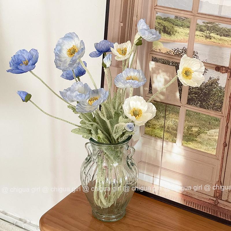Blue Iceland Poppy Silk Flower Bouquet for Living Room Decoration