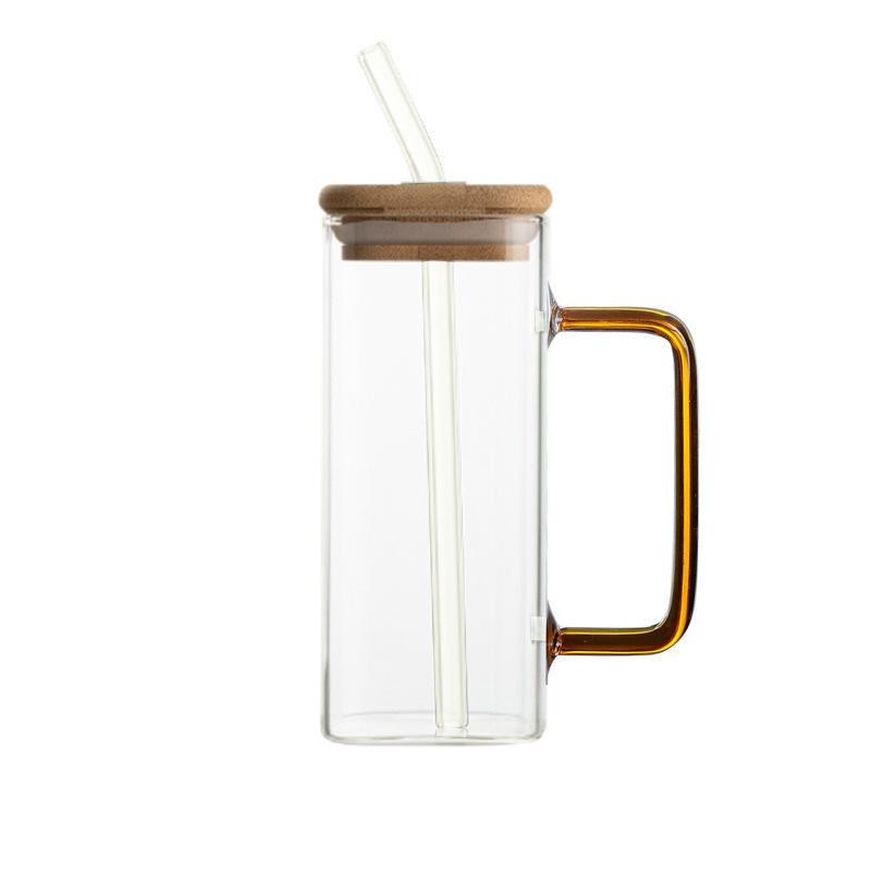 Glass Water Cup Milk Cup Tea Cup Breakfast Beverage Cup High Borosilicate Square Color Handle Glass Water Cup