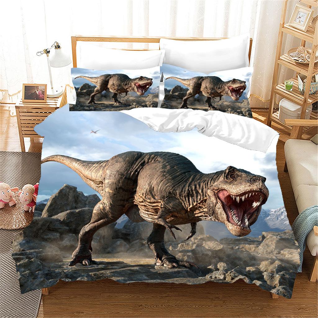 3 stk Sengesett 3d Dinosaur World Tyrannosaurus Rex Kids Barn Mikrofiber Polyester Seng Dynetrekk Sett Og 2 stk Putetrekk