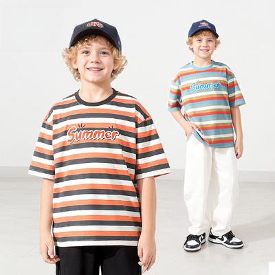 Matching Striped Short Sleeve T-Shirt Kids Summer Boy's Breathable Top with Letters