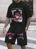 Men's Round Neck Casual Summer T-shirt with Cartoon Characters and Letter Patterns, Short Sleeves and Drawstring Shorts