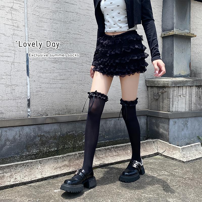 Dambalett-stil långa tubsockor i spets, Lolita-spetsrosett, Pure Desire-stil, tunna knähöga lårstrumpor
