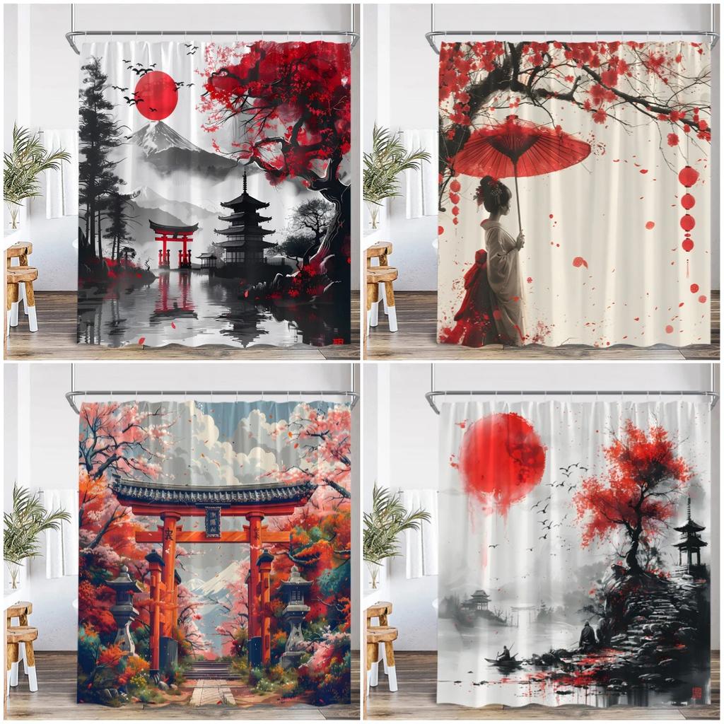 Samurai Geisha Japanischer Stil Tuschemalerei Duschvorhang Japan Schrein Rote Sonne Berg Fluss Rosa Kirschblüte Badevorhang