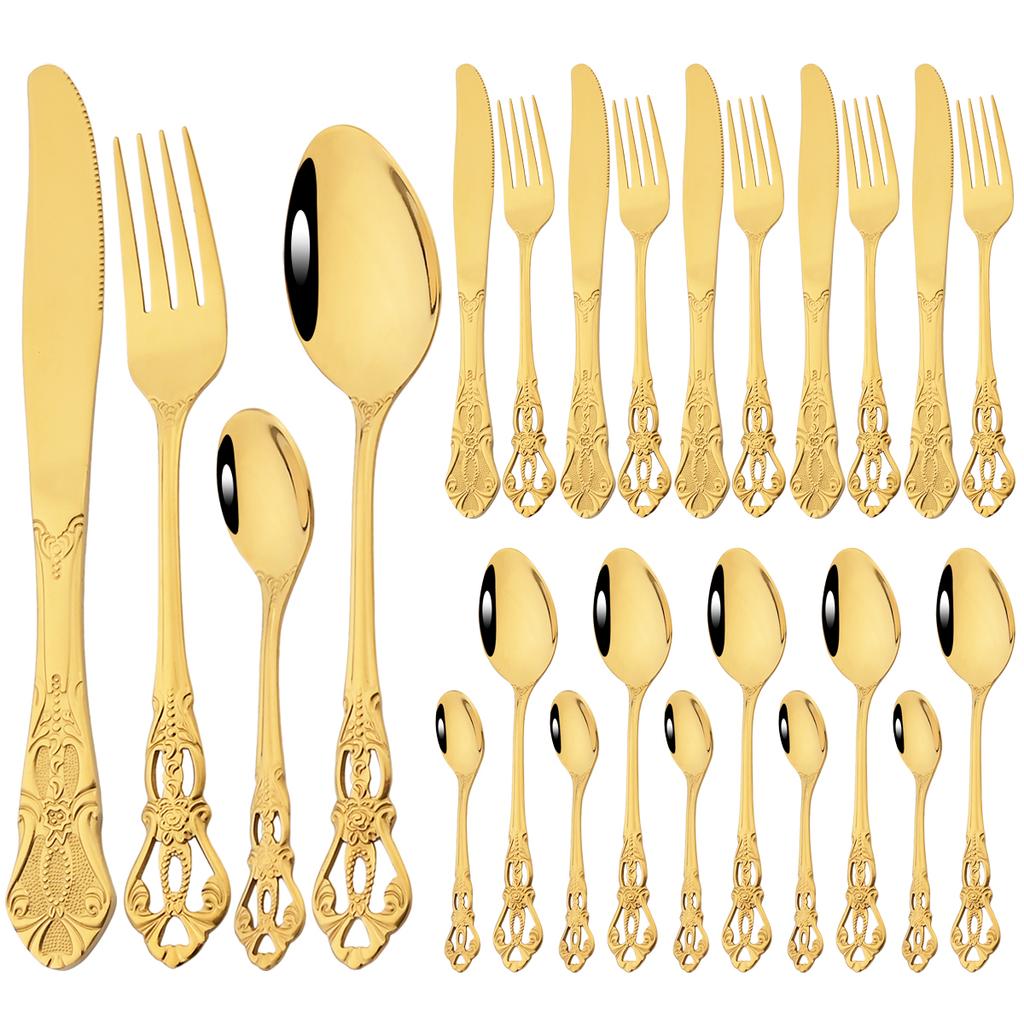 Mirror 24Pcs Vintage Dinnerware Set Stainless Steel Cutlery Set Knives Fork Teaspoon Tableware Kitchen Flatware Silverware Set