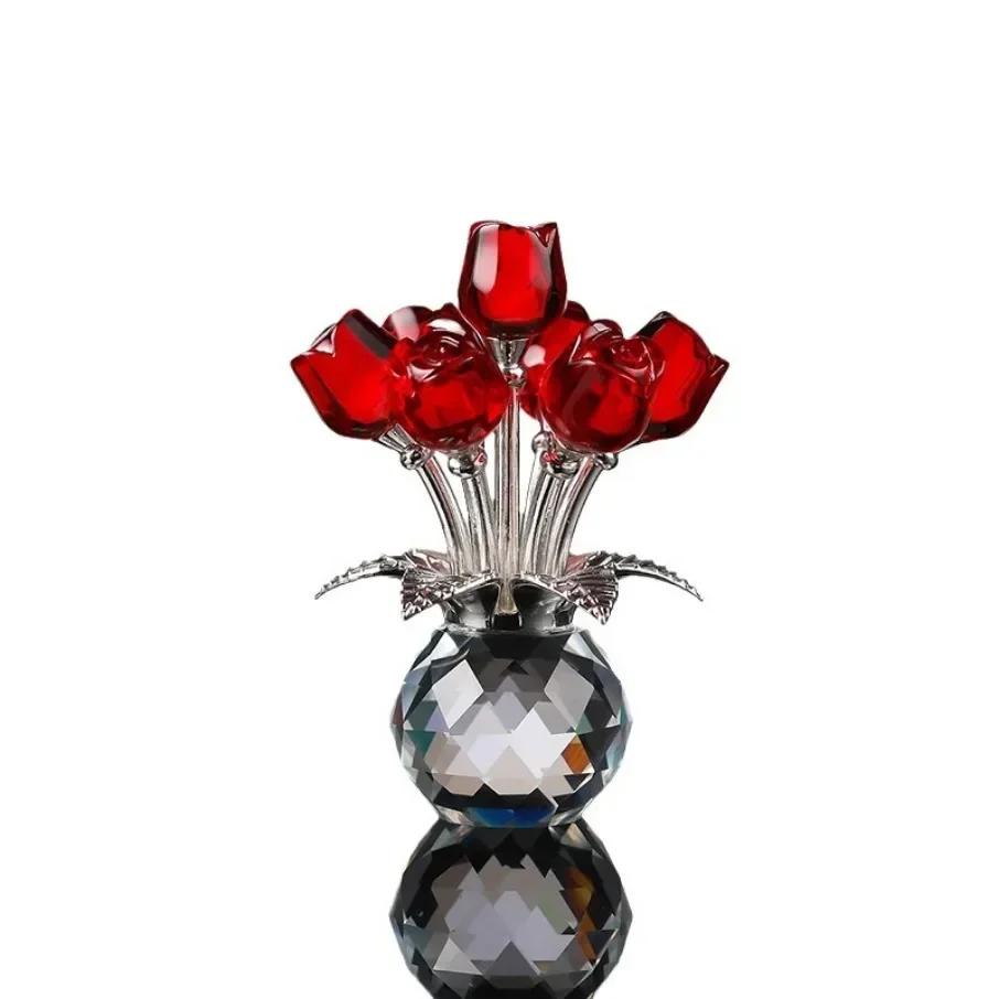 

Crystal Red Rose Bouquet with Round Vase Figurines Gifts for Women Glass Bouquet Ornament Romantic Gifts Table Centerpiece червоний