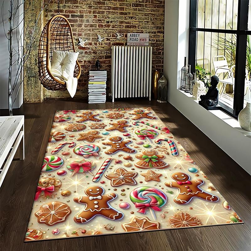 Christmas Gingerbread and Candy Themed Decorative Carpet for Home Suitable for Use As an Anti-slip for Living Room Bedroom Sofas