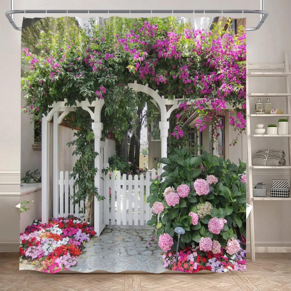 Fence Flowers Shower Curtains Blue Window Nature Floral Plants Scenery Modern Garden Wall Hanging Home Bathroom Decor with Hooks