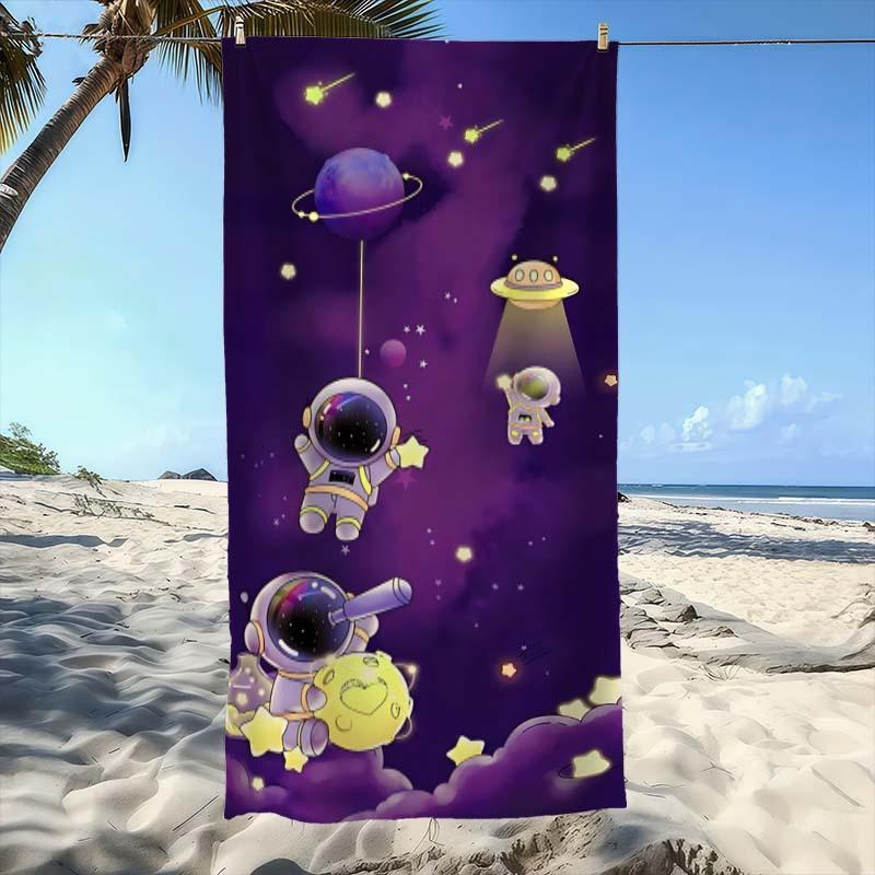 Cartoon Space Illustration Beach Towel | Polyester, Quick-Dry, Super Absorbent, Thick and Soft, Ideal for Beach, Pool, Bathroom
