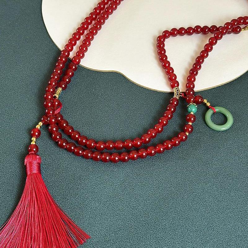 New Chinese Long Green Beaded Necklace Women'S National Style Messenger Chain Retro Temperament A Multi-Wear Sweater Chain Accessories