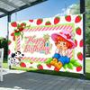 2D Cute Strawberry Girl Backdrop, Cartoon Dog & Strawberry "Happy Birthday" Photography Background for Kids