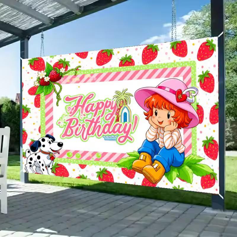 2D Cute Strawberry Girl Backdrop, Cartoon Dog & Strawberry "Happy Birthday" Photography Background for Kids