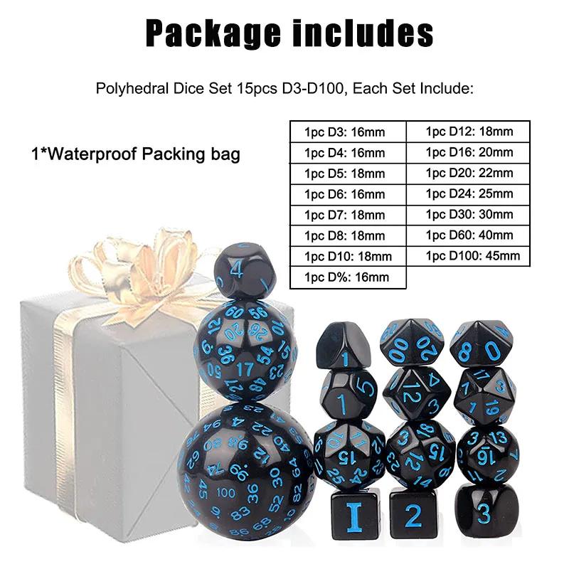 15 Piece Multiple Digit Face Opaque Black Polyhedral Dice Set for RPG D3 D4 D5 D6 D7 D8 D10 D12 D16 D20 D24 D30 D60 D100