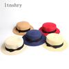 Parent-child Sale Sun Flat Straw Hat Boater Hat Girls Bow Summer Hats For Women Kid and Beach Flat Panama Straw Hat
