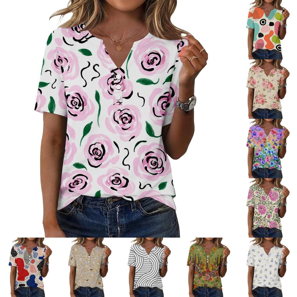 Women's Casual Floral Print V-Neck Short Sleeve T-Shirt Top with Decorative Buttons for Everyday Wear