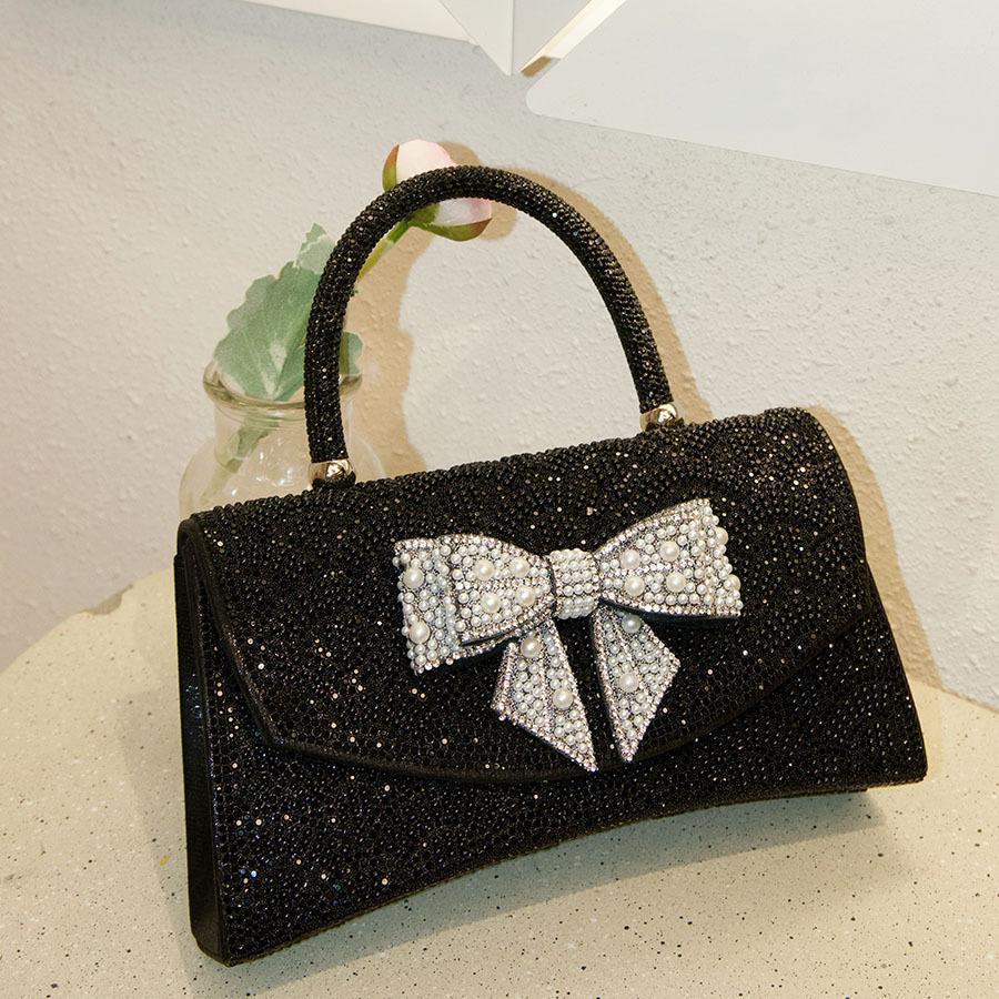 Metal Small Square Bag Dinner Bag Light Luxury Shiny Diamond Bow Handbag чёрный