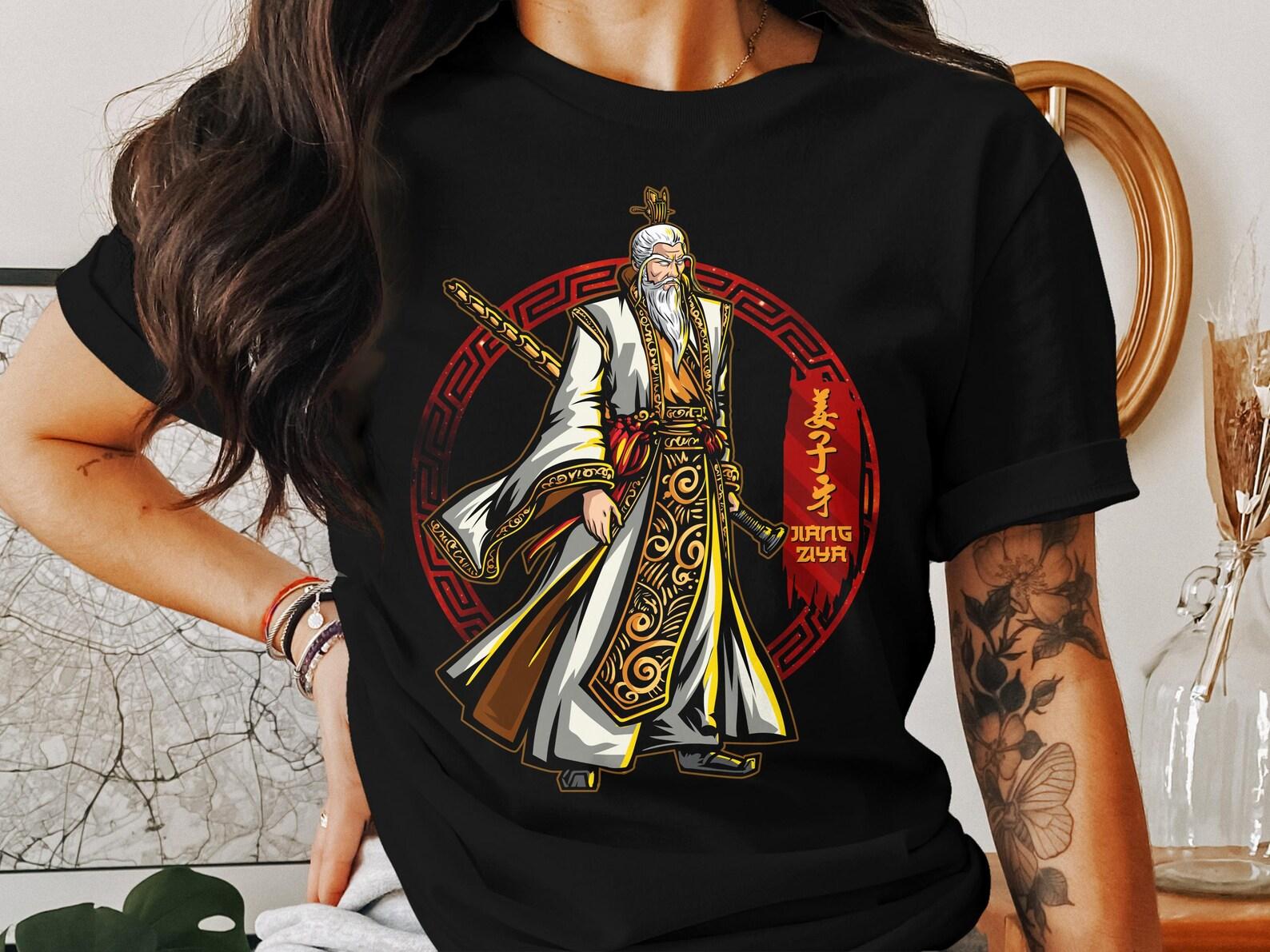 Ancient Chinese God Jiang Ziya T-Shirt, Mythology Warrior Art Tee, China Folklore Deity Apparel, Religious Warrior Graphic Shirt 4XL