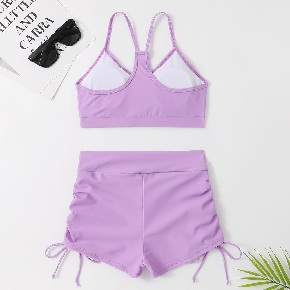 2025 European Solid Color High-Waisted Push-Up Bikini - Slimming, Tummy Covering, and Conservative Women's Swimsuit