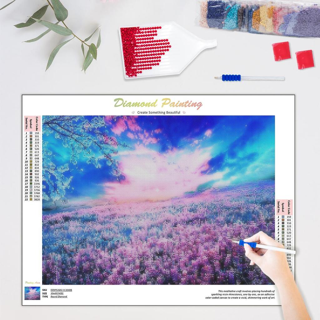 Pictură cu diamant complet rotund, copac, lavandă, peisaj, broderie cu punct de cruce, mozaic cu diamant, cadou lucrat manual 30x40cm/12x16inch