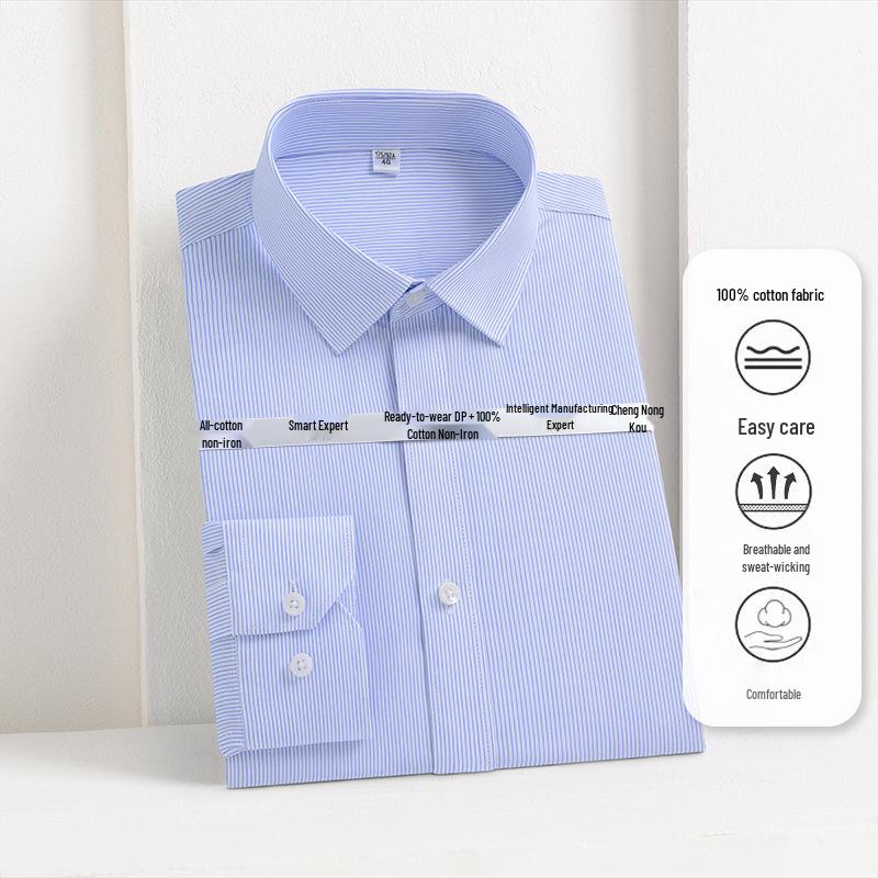 Men's Non-Iron Long Sleeve Cotton Shirt: Business Casual Solid & Stripe