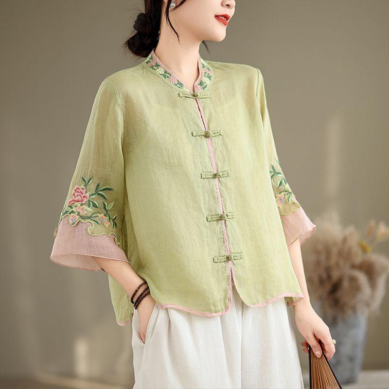 Women Flower Embroidery Vintage Button Shirt Stand Collar Loose Cotton Linen Blouse Summer 3/4 Sleeve Elegant Tops