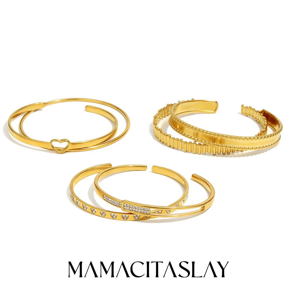 MamacitaSlay 316L Stainless Steel Heart Zircon Cuff Bracelet 18K Gold Plated Waterproof Wrist Jewelry Women's Elegant Bracelet