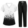 Women's Scrub Set Short Sleeve Halloween Print Pocket Top and Pants Two Piece Work Uniform