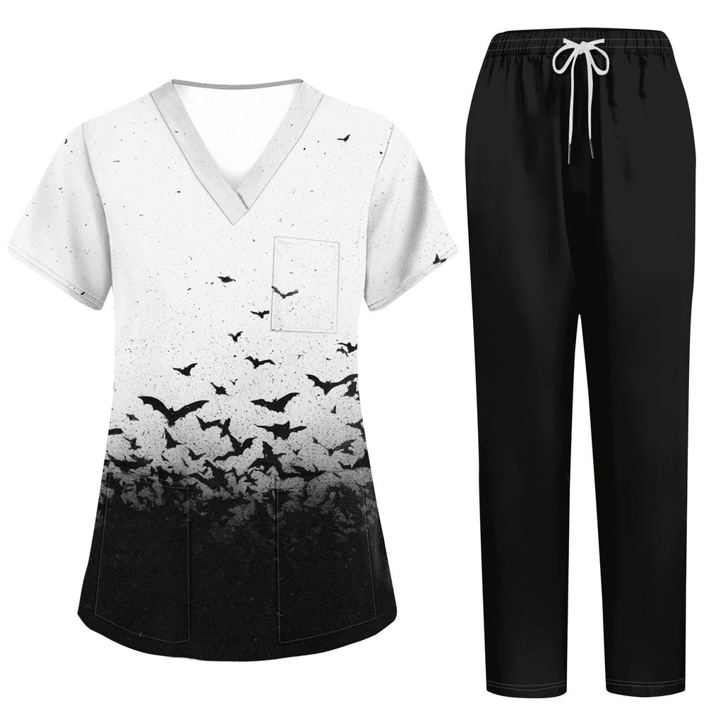 Women's Scrub Set Short Sleeve Halloween Print Pocket Top and Pants Two Piece Work Uniform