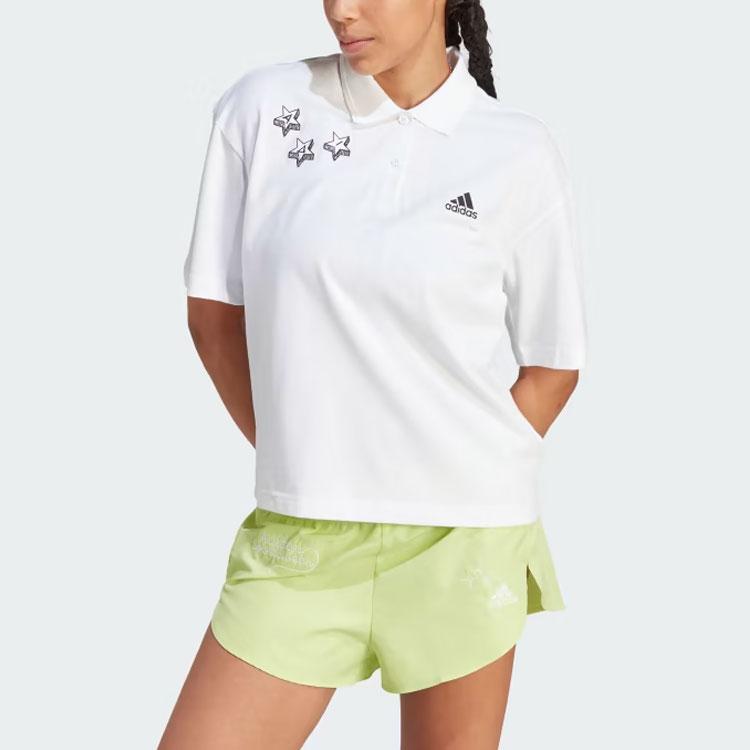 Adidas Scribble Embroidery Polo Shirt Cartoon Letter Print Short Sleeve Women Polo Shirts White IA3160