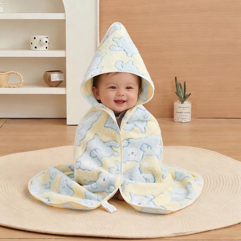Cartoon Hooded Baby Swaddle & Bath Towel - Coral Fleece, Absorbent, Embroidered, Newborn To Toddler