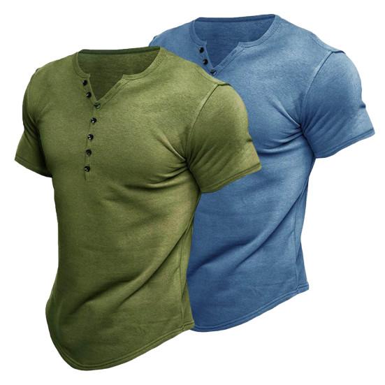 V-Neck Buttons Half Placket Short Sleeve Men T-shirt Summer Solid Color Simple Tee Shirt Streetwear
