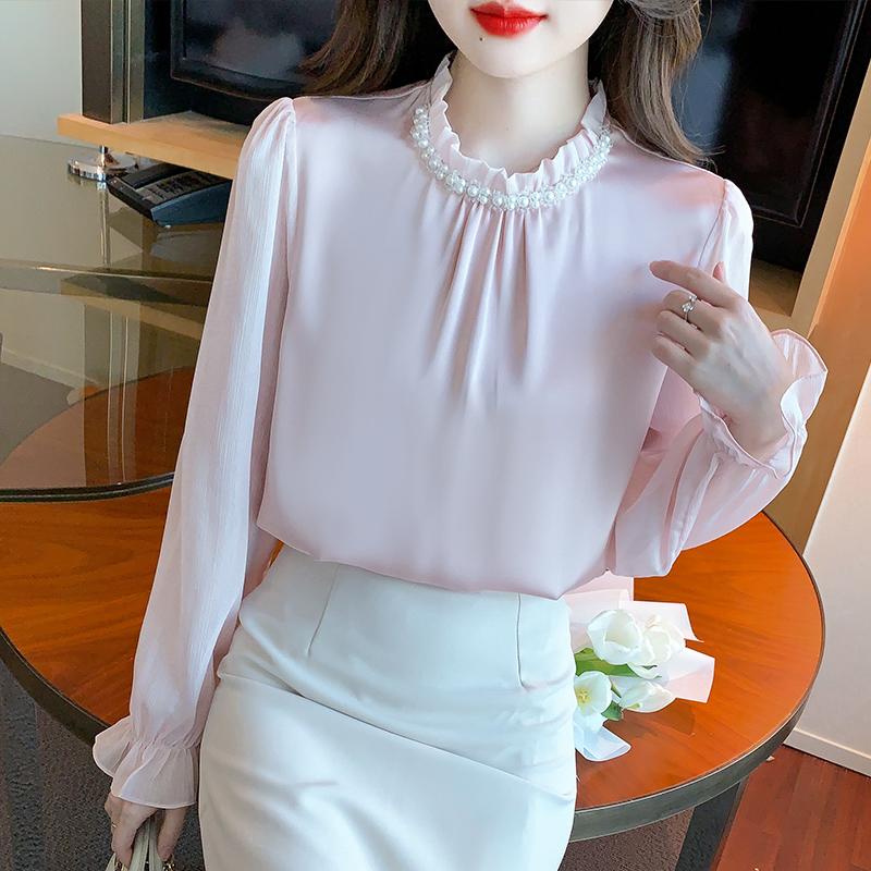 New 2025 Spring Blouses Shirts Long Sleeve Beading O-Neck Chiffon Blouse Shirt Women Tops J772