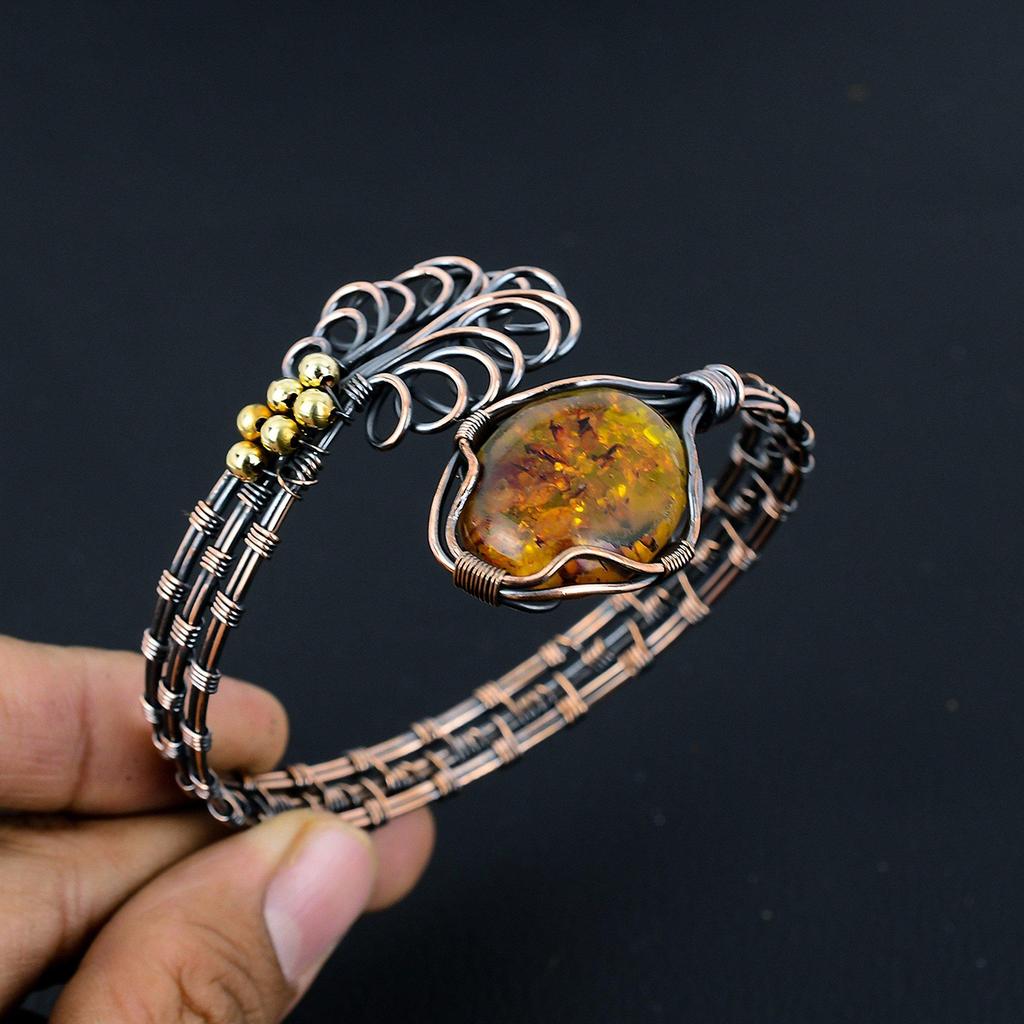 Baltic Amber Bangle, 999 Copper Wire Wrapped Gemstone Jewelry, Handmade Bangle For Memorial Day