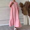 2024 EU & US Style Women's Round Neck Gathered Long Sleeve Drawstring Back Tie Solid Casual Dress