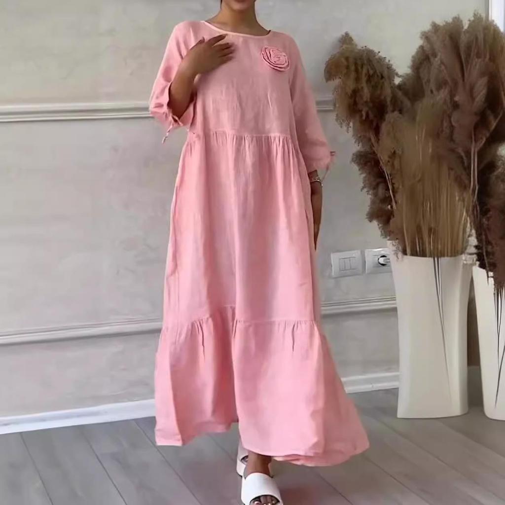 2024 EU & US Style Women's Round Neck Gathered Long Sleeve Drawstring Back Tie Solid Casual Dress