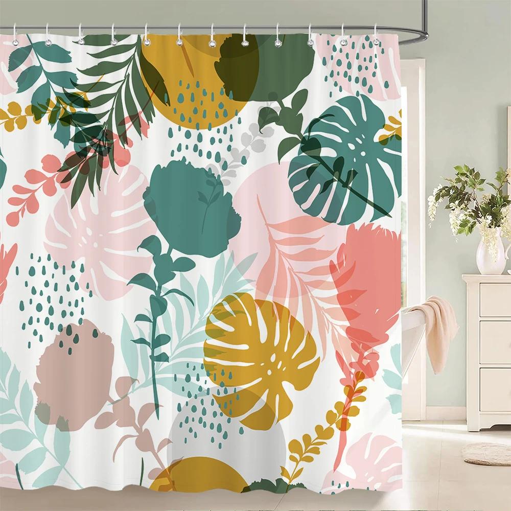 1 pack Minimalist art leaves printing shower curtain bathroom partition bathroom curtain with hooks home decorative curtain