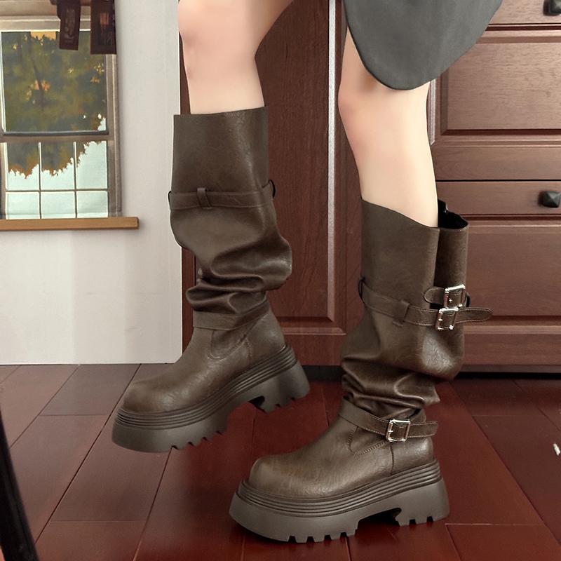 Fashion Winter Fashion Platform Woman Knee High Boots Fashion Belt Buckle Square Heels Modern Long Booties
