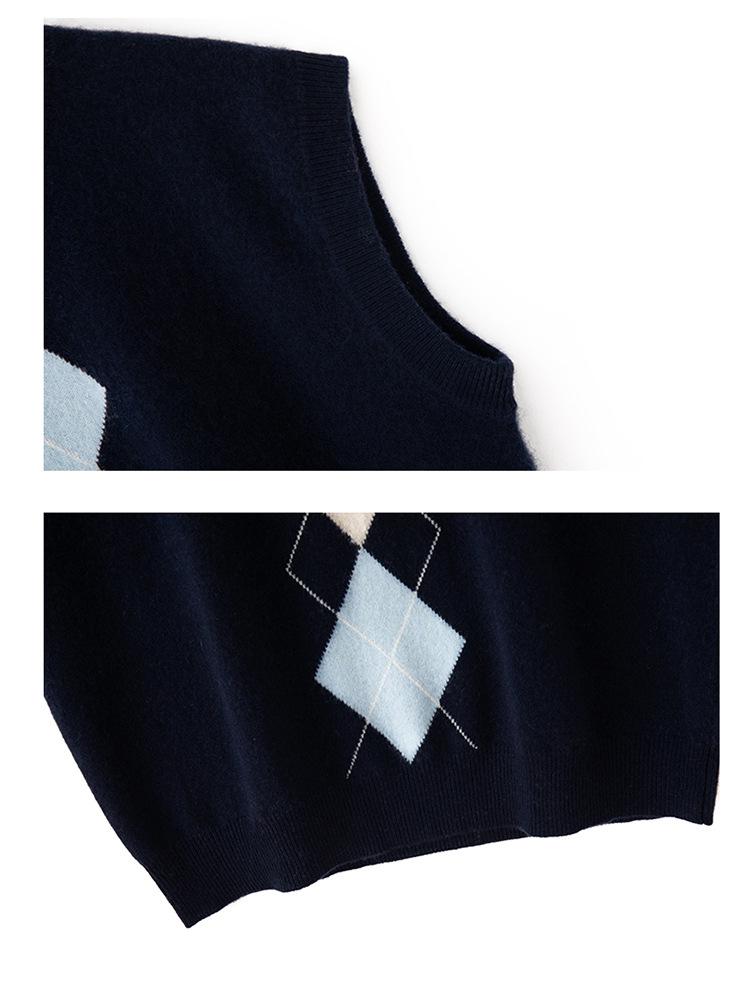 Retro British Diamond Pattern Sleeveless Cashmere Vest
