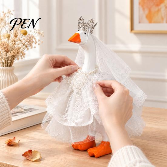 Wedding Dress for Goose Ornament 7 Inch Mini Outfit, Lace Tulle Bridal with Crown, Miniature Veil & Pearl Bracelet, Cute Figurine Costume Tabletop