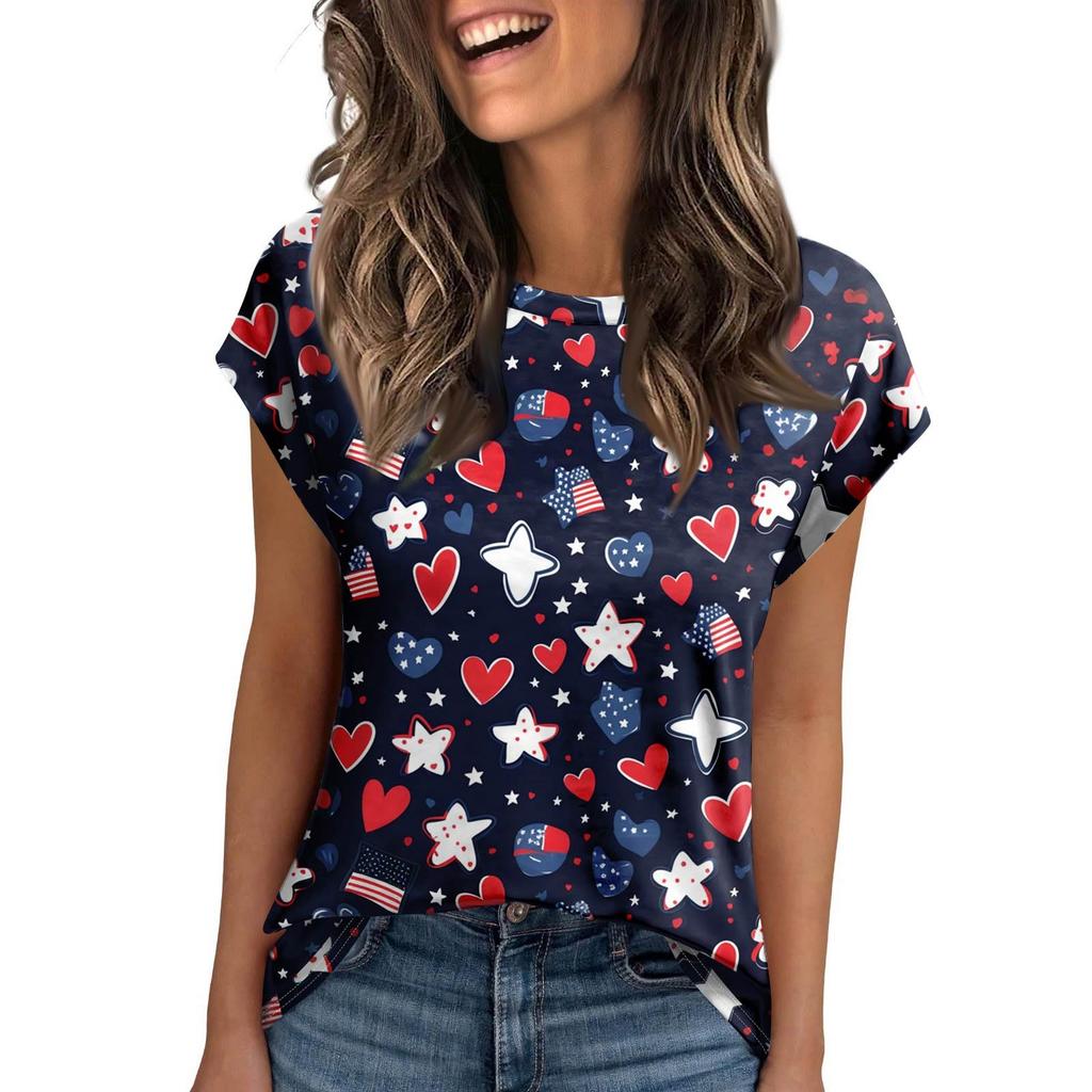 Women's Round Neck Short Sleeve Mid-Length T-Shirt Loose Casual Independence Day Printed Short Sleeve T-Shirt Top