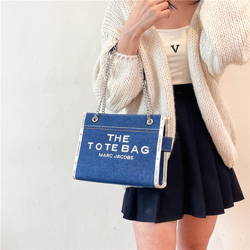 Stylish 2024 Autumn Fashion Letter Print Large Capacity Denim Canvas Tote Bag For Women In Black Blue And Sky Blue